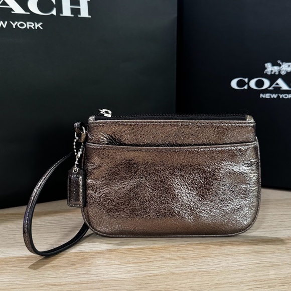 Coach Pewter/Silver Metallic Leather Zip Small Wristlet Wallet Pouch - Picture 1 of 5